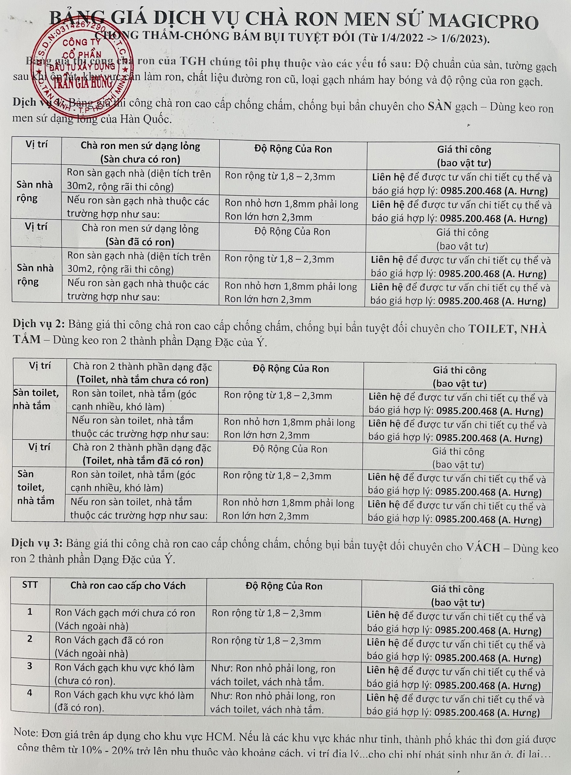 bảng giá thi công chà ron